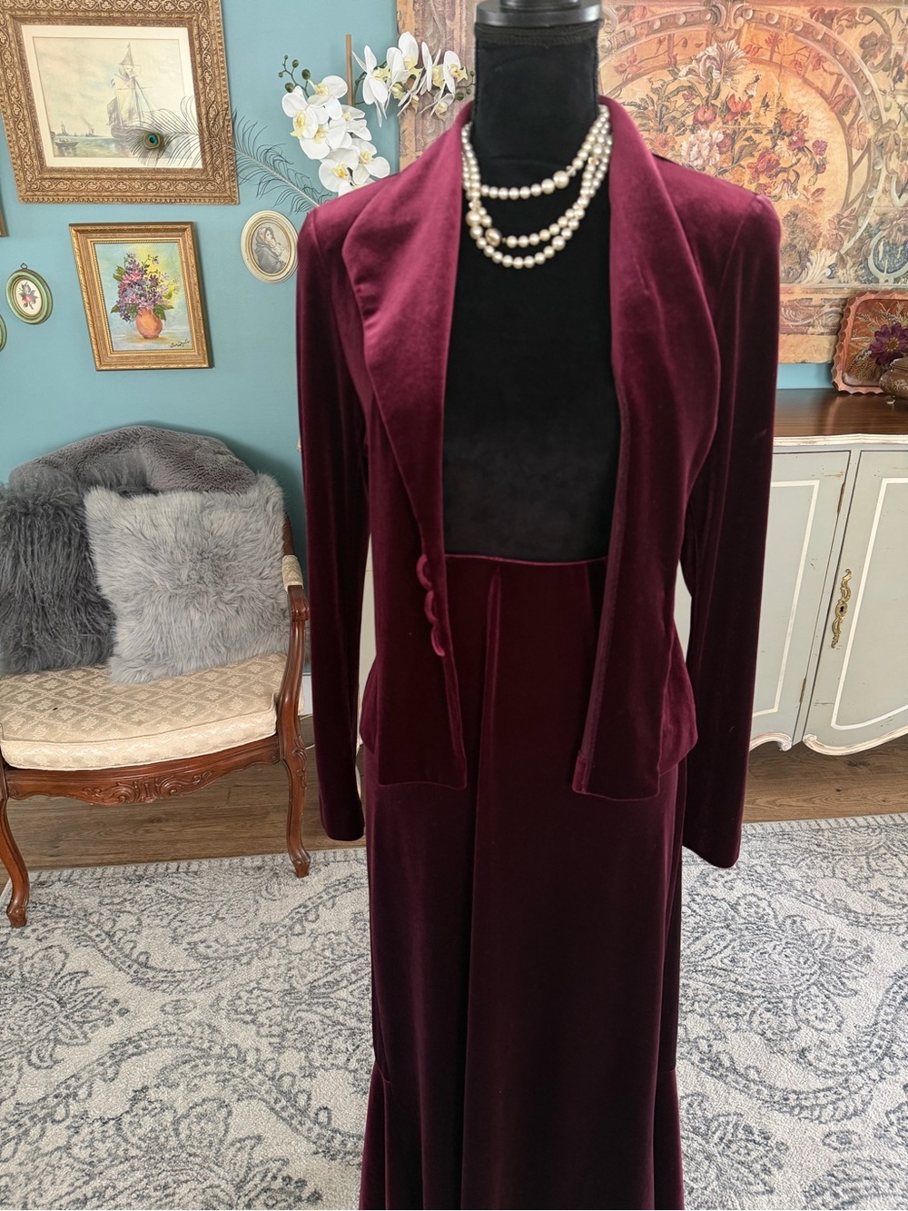 Vintage Burgundy Two Piece Velvet Skirt Suit - Picture 4 of 5